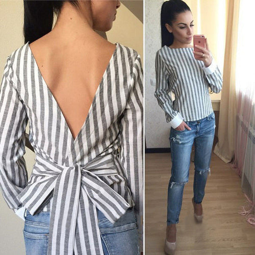 Plus Size Sexy Striped Open Back Deep V tops Long Sleeved Bandage Shirt For Women Ladies Clothes LX008