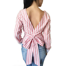 Plus Size Sexy Striped Open Back Deep V tops Long Sleeved Bandage Shirt For Women Ladies Clothes LX008