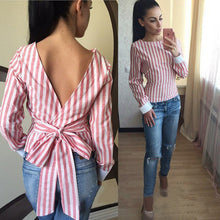 Plus Size Sexy Striped Open Back Deep V tops Long Sleeved Bandage Shirt For Women Ladies Clothes LX008