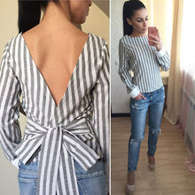 Plus Size Sexy Striped Open Back Deep V tops Long Sleeved Bandage Shirt For Women Ladies Clothes LX008