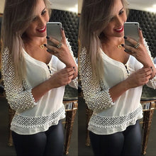 Plus Size Women Fashion Loose Chiffon V-Neck Tops Three Quarter Sleeve Hollow Out Shirt Casual Three Quarter Blouse