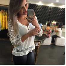 Plus Size Women Fashion Loose Chiffon V-Neck Tops Three Quarter Sleeve Hollow Out Shirt Casual Three Quarter Blouse