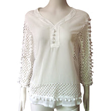 Plus Size Women Fashion Loose Chiffon V-Neck Tops Three Quarter Sleeve Hollow Out Shirt Casual Three Quarter Blouse