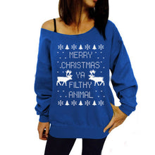 Print Animal Deer Christmas Tree Hoodies Women Off Shoulder Long Sleeve Sweatshirt Hoodie Green Blue Grey Red