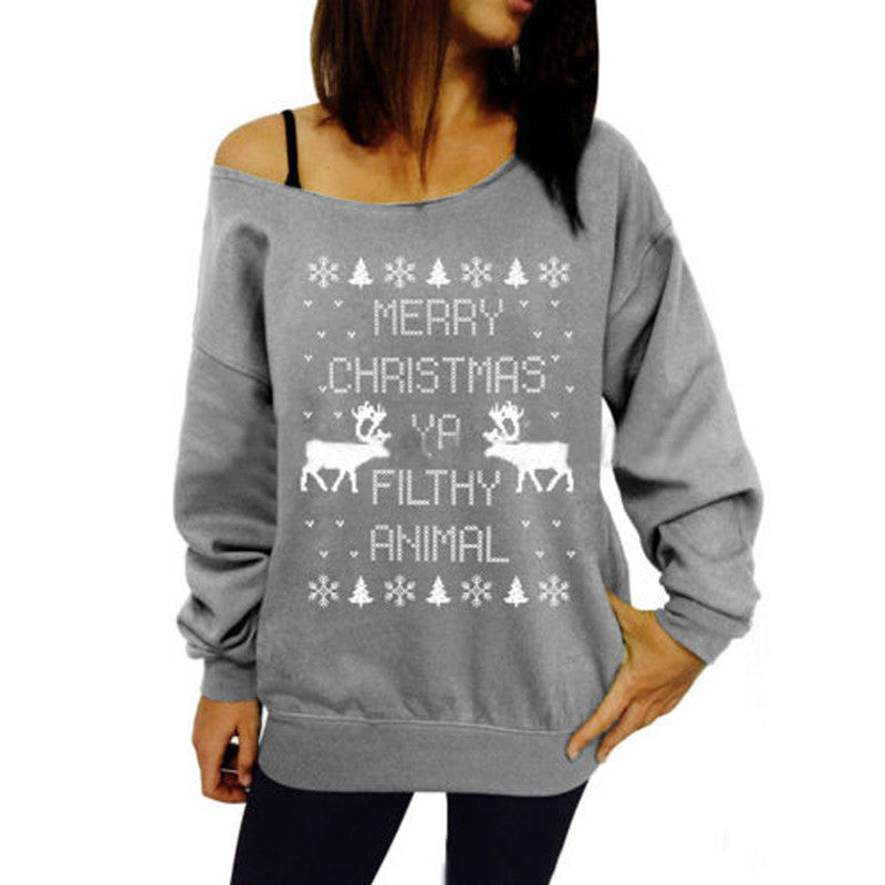 Print Animal Deer Christmas Tree Hoodies Women Off Shoulder Long Sleeve Sweatshirt Hoodie Green Blue Grey Red
