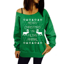 Print Animal Deer Christmas Tree Hoodies Women Off Shoulder Long Sleeve Sweatshirt Hoodie Green Blue Grey Red