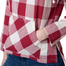 women-blouses-plaid-print-shirt-drawstring-pocket-v-neck-linen-casual-vintageshirt-women-tops-blusas-red BBL