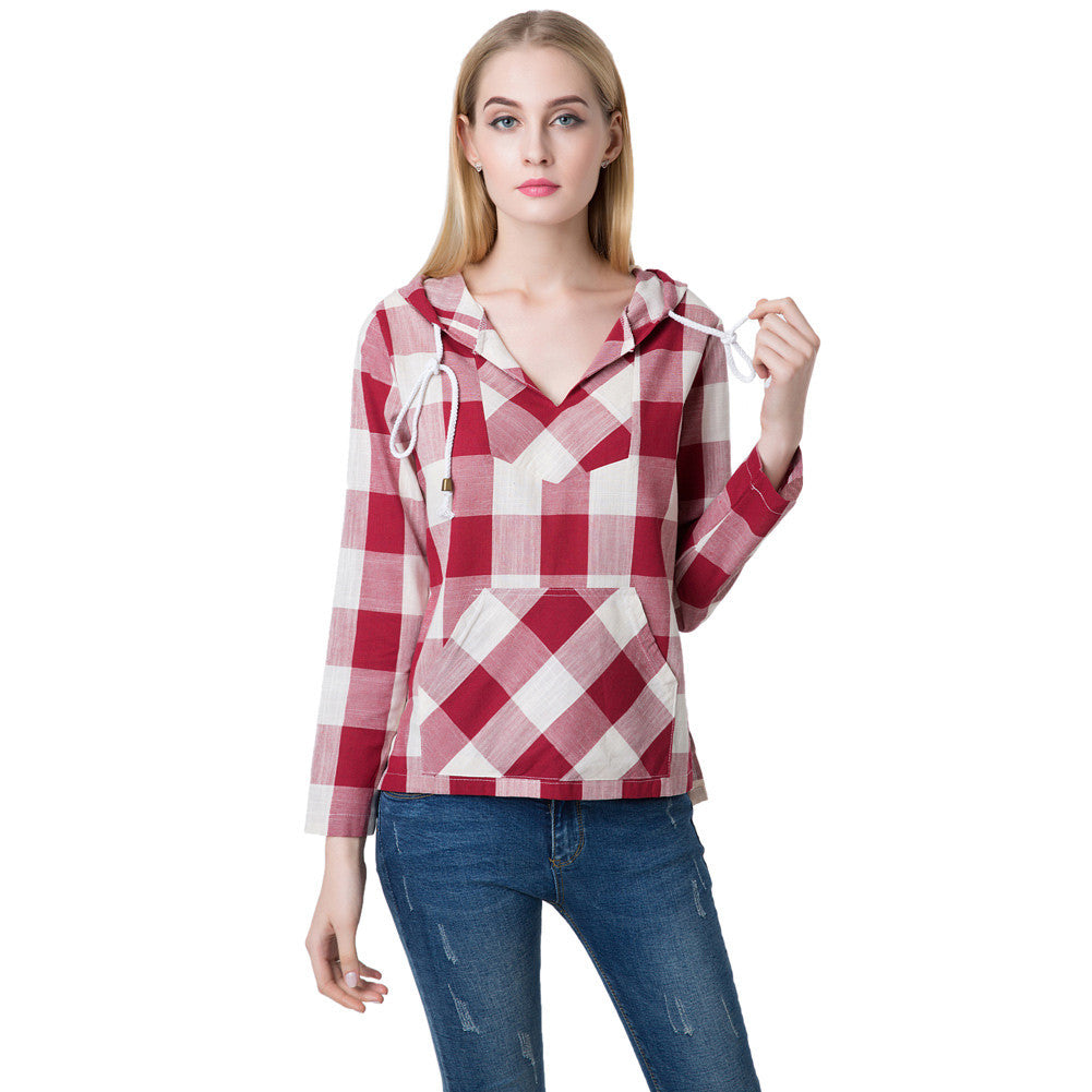 women-blouses-plaid-print-shirt-drawstring-pocket-v-neck-linen-casual-vintageshirt-women-tops-blusas-red BBL