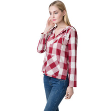 women-blouses-plaid-print-shirt-drawstring-pocket-v-neck-linen-casual-vintageshirt-women-tops-blusas-red BBL