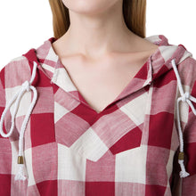 women-blouses-plaid-print-shirt-drawstring-pocket-v-neck-linen-casual-vintageshirt-women-tops-blusas-red BBL