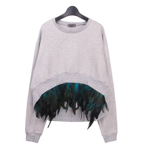 Removable Stitching Feather hem Pullovers Sweatshirt Women Irregular Hem Long Sleeve Hoodies Sweats Jumpers Femme 3 colors