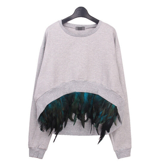 Removable Stitching Feather hem Pullovers Sweatshirt Women Irregular Hem Long Sleeve Hoodies Sweats Jumpers Femme 3 colors