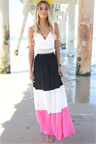 Retail Crop Top And Skirt Set Beach Sexy 2 Piece Set Women Lace Patchwork Crop Top + Multicolored Chiffon Long Skirt