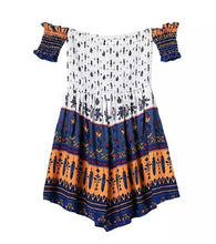 Retro BOHO Jumpsuit Women's Floral Geometric Print Slash neck Strapless Off the shoulder Pleated Mini Short Beach Rompers