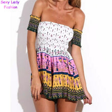 Retro BOHO Jumpsuit Women's Floral Geometric Print Slash neck Strapless Off the shoulder Pleated Mini Short Beach Rompers