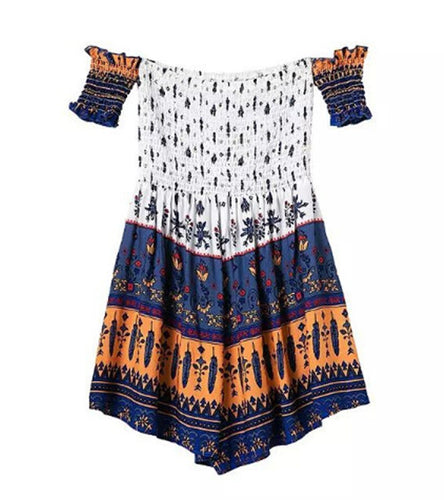Retro BOHO Jumpsuit Women's Floral Geometric Print Slash neck Strapless Off the shoulder Pleated Mini Short Beach Rompers