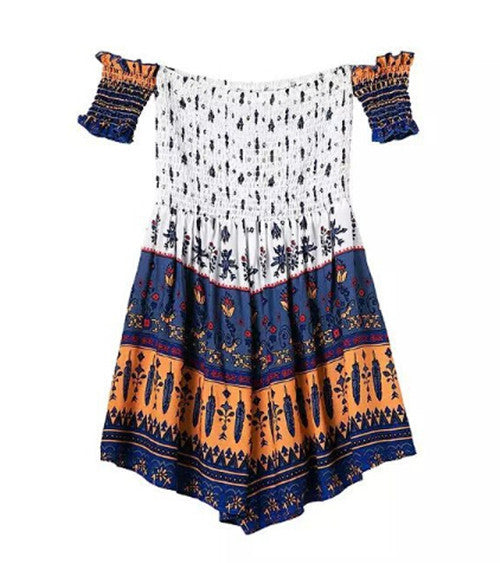 Retro BOHO Jumpsuit Women's Floral Geometric Print Slash neck Strapless Off the shoulder Pleated Mini Short Beach Rompers