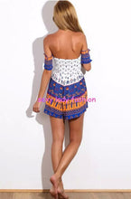 Retro BOHO Jumpsuit Women's Floral Geometric Print Slash neck Strapless Off the shoulder Pleated Mini Short Beach Rompers
