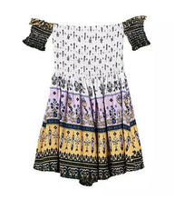 Retro BOHO Jumpsuit Women's Floral Geometric Print Slash neck Strapless Off the shoulder Pleated Mini Short Beach Rompers