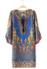 Retro Baroque Totem Paisley Floral Print Streamer V Neck 3/4 Sleeve Casual Shift Dress Women Short Dresses Tops Femme