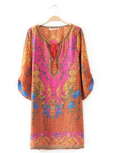 Retro Baroque Totem Paisley Floral Print Streamer V Neck 3/4 Sleeve Casual Shift Dress Women Short Dresses Tops Femme