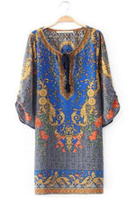 Retro Baroque Totem Paisley Floral Print Streamer V Neck 3/4 Sleeve Casual Shift Dress Women Short Dresses Tops Femme