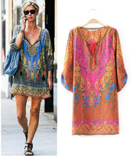 Retro Baroque Totem Paisley Floral Print Streamer V Neck 3/4 Sleeve Casual Shift Dress Women Short Dresses Tops Femme