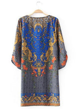 Retro Baroque Totem Paisley Floral Print Streamer V Neck 3/4 Sleeve Casual Shift Dress Women Short Dresses Tops Femme