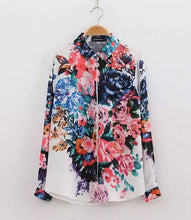 Retro Bloom Contrast Colorful Floral Print Lapel Long sleeve Shirt Women's Flower Print Shirt Blouse Tops