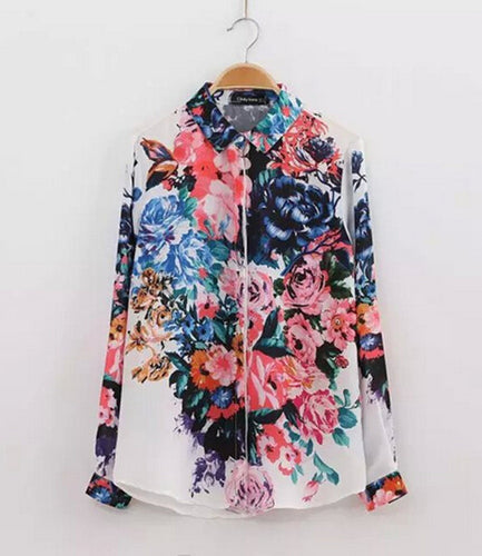 Retro Bloom Contrast Colorful Floral Print Lapel Long sleeve Shirt Women's Flower Print Shirt Blouse Tops