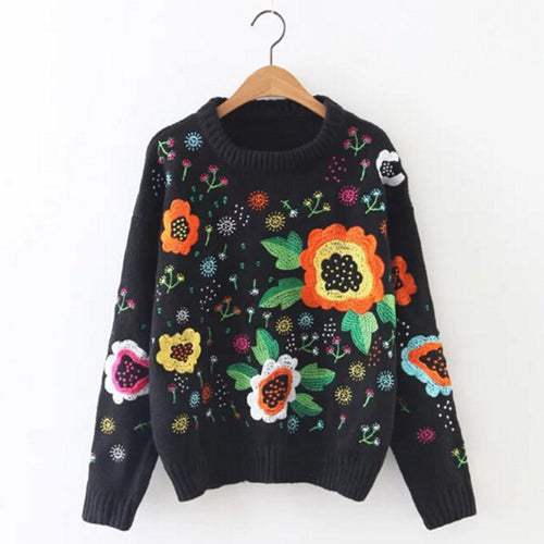Retro Colored Floral Embroidery Sweater Women O neck Long Sleeve Knitwear Jumper Pullover kleding jerseis mujer femme Black