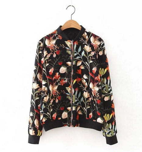 Retro Colored Flower Leaves Print Jacket Women Spliced V neck Zipper Casual Pilot Bomber Coat Tops Femme Outwear