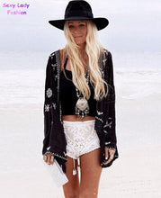 Retro Embroidery Snow Flower Crotoch Lace Hem Cardigan Kimono Shirt Brand Show style Women's Beach Holiday Blouse Tops