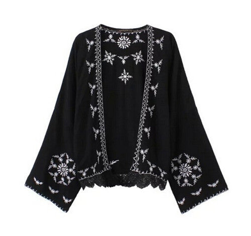 Retro Embroidery Snow Flower Crotoch Lace Hem Cardigan Kimono Shirt Brand Show style Women's Beach Holiday Blouse Tops