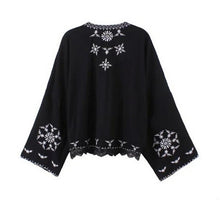 Retro Embroidery Snow Flower Crotoch Lace Hem Cardigan Kimono Shirt Brand Show style Women's Beach Holiday Blouse Tops