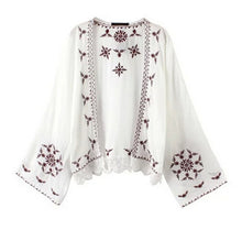 Retro Embroidery Snow Flower Crotoch Lace Hem Cardigan Kimono Shirt Brand Show style Women's Beach Holiday Blouse Tops