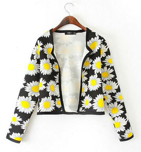 Retro Ethnic Daisy Flower Print Cardigan Thin Short Jacket Women's Collarless long sleeve Jacket Coats Suits Blouse Tops