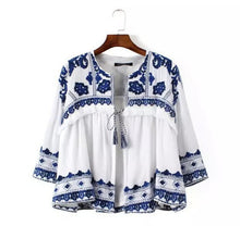 Retro Ethnic Embroidery Blue & White Floral Stream Loose Kimono Cardigan Shirt Women's Casual Linen Blouse Sunscreen