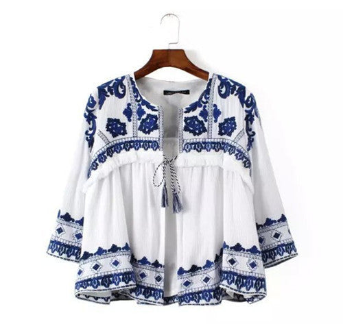 Retro Ethnic Embroidery Blue & White Floral Stream Loose Kimono Cardigan Shirt Women's Casual Linen Blouse Sunscreen