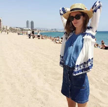 Retro Ethnic Embroidery Blue & White Floral Stream Loose Kimono Cardigan Shirt Women's Casual Linen Blouse Sunscreen
