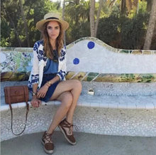 Retro Ethnic Embroidery Blue & White Floral Stream Loose Kimono Cardigan Shirt Women's Casual Linen Blouse Sunscreen