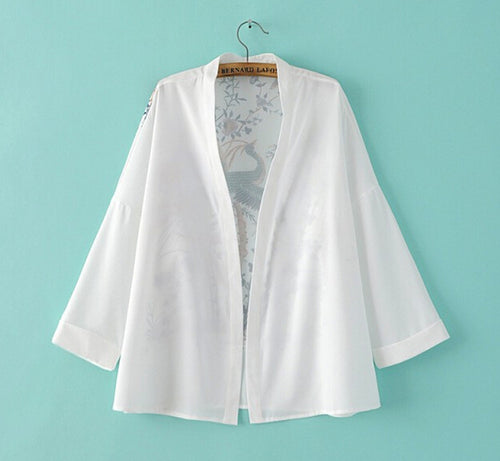 Retro Floral Animal Peacock Print Crop Sleeve Chiffon Kimono Shirt Women Long Bat sleeve White Cardigan Blouse Tops