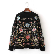 Retro Floral Embroidery Sweater Women O neck Long Sleeve Knitwear Jumper Pullover kleding jerseis mujer femme Black
