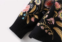Retro Floral Embroidery Sweater Women O neck Long Sleeve Knitwear Jumper Pullover kleding jerseis mujer femme Black