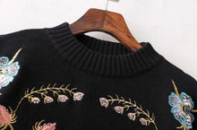 Retro Floral Embroidery Sweater Women O neck Long Sleeve Knitwear Jumper Pullover kleding jerseis mujer femme Black