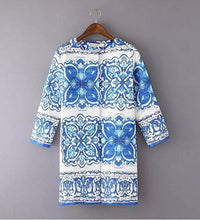 Retro Palace Blue and white porcelain Floral Print Wide waist Loose Medium long Trench Women's 3/4 sleeve Coat Outerwear Tops