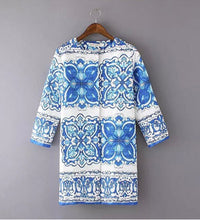 Retro Palace Blue and white porcelain Floral Print Wide waist Loose Medium long Trench Women's 3/4 sleeve Coat Outerwear Tops