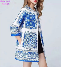 Retro Palace Blue and white porcelain Floral Print Wide waist Loose Medium long Trench Women's 3/4 sleeve Coat Outerwear Tops