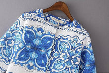 Retro Palace Blue and white porcelain Floral Print Wide waist Loose Medium long Trench Women's 3/4 sleeve Coat Outerwear Tops