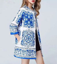 Retro Palace Blue and white porcelain Floral Print Wide waist Loose Medium long Trench Women's 3/4 sleeve Coat Outerwear Tops
